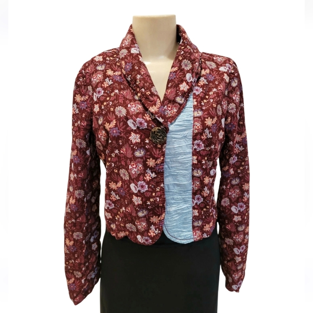 Free People Womens Floral Quilted Jacket Size 4 Maroon Blue Cotton Single Button